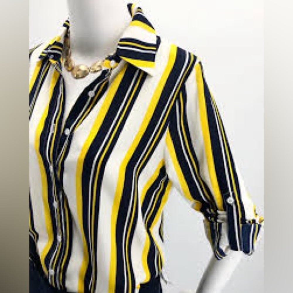 NYGARD black white yellow MULTI STRIPE 3/4 SLEEVE COLLARED TOP with cross back M